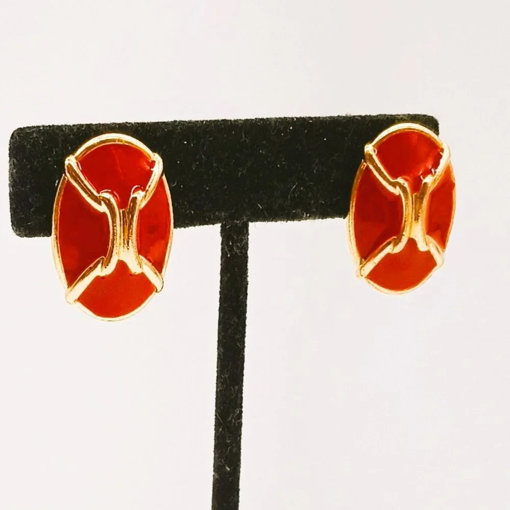 Gold Red Enamel Oval Earrings Clip On Statement Holiday Jewelry